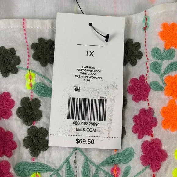 NWT Crown & Ivy Womens Embroidered Flutter Sleeve Peplum Top 1X White Multicolor - Picture 5 of 9